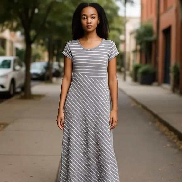 Athleta Women Scoop Neck Striped Maxi Dress Sz.Med EUC Gray Comfortable Athletic - Picture 2 of 9